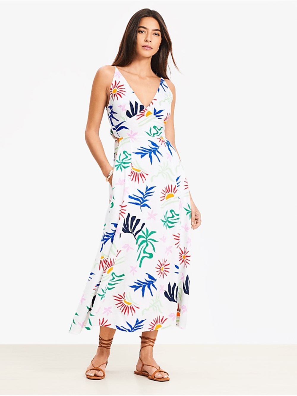 LOFT BEACH| White Linen Maxi Dress with Multicolor Tropical Print